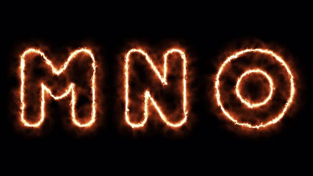 Animated alphabet letters "M N O" with fire effect, transparent background with alpha channel	