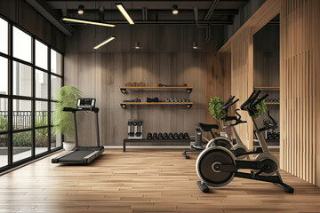 Interior gym modern fitness room different sport equipment center AI Generative