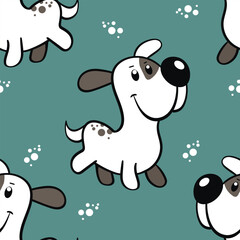 Vector seamless repeating childish pattern with cute dogs in doodle style. Animals background with dog, pets, puppy for invitation, poster, card, flyer, textile, fabric