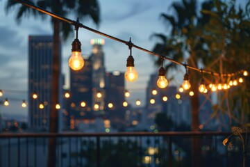 An urban rooftop with city lights, a string of bulbs hanging overhead against the backdrop of the downtown Los Angeles skyline at dusk Generative AI