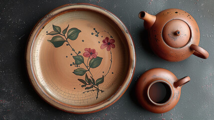 top view flat lay of peach Plate and Teapot, pottery craftship, artistic clay pieces