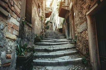 Vintage Italian alleyway with old stone walls and worn stairs, concept photo