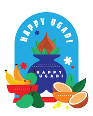 Happy ugadi greeting card with creative kalash and puja thali