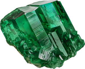 Vivid green emerald crystal with intricate facets cut out on transparent background - obrazy, fototapety, plakaty