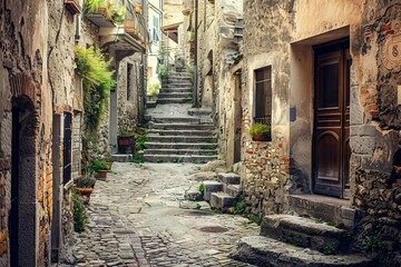 Fototapeta na wymiar Vintage Italian alleyway with old stone walls and worn stairs, concept photo