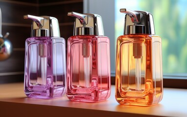 Three different colored soap dispensers rest proudly on a sunlit window sill