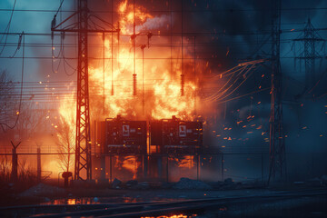 An electric power plant did experience fire as result of an explosion AI Generative - obrazy, fototapety, plakaty