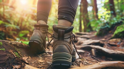 woman hiking in forest and mountains, wearing trekking boots