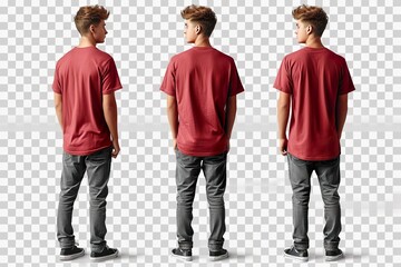 Set of red tee t shirt round neck front, back and side view on transparent background cutout - obrazy, fototapety, plakaty
