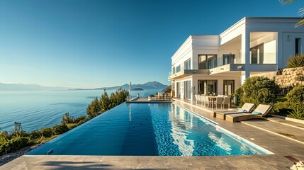 greek mediterranean house with swimming pool by the sea, concept of travel and tourism - obrazy, fototapety, plakaty