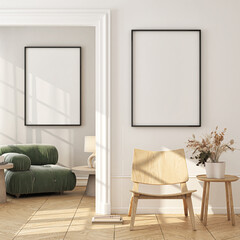 Frame mockup, ISO A paper size. Living room wall poster mockup. Interior mockup with house background. Modern interior design. 3D render
- 773416168