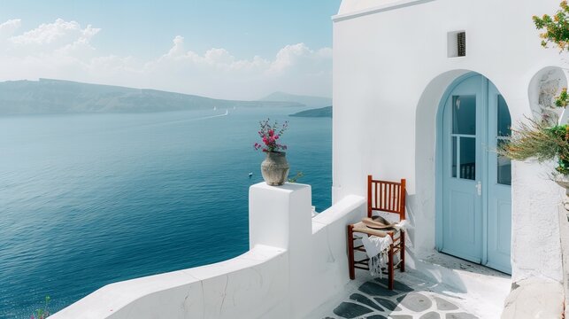 Fototapeta greek mediterranean house by the sea, concept of travel and tourism