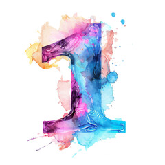 Colorful watercolor aquarelle font number, hand draw abc alphabet letter. High quality photo