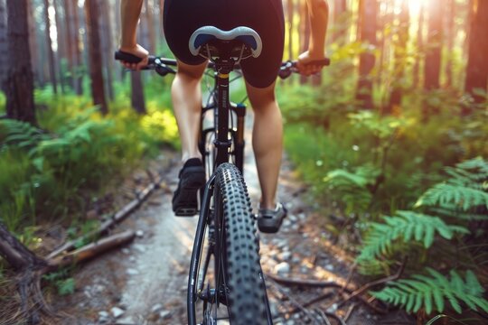 Woman mountain biking on scenic forest trail in summer, adventure sports and outdoor activities, healthy active lifestyle concept, action photo