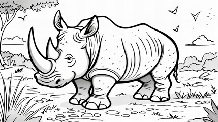 Fototapeta premium coloring book rhino cartoon illustration, drawing outline for children