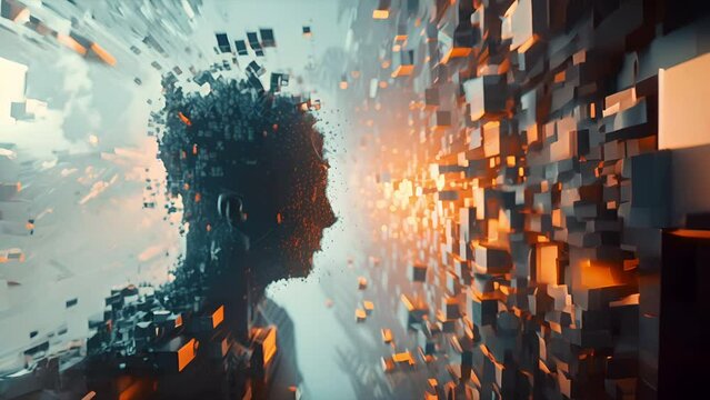 Abstract interpretation of digital consciousness fracturing into a plane of boxes