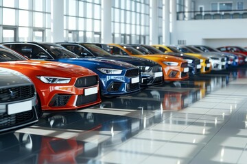 Wide banner showcasing diverse lineup of new cars in showroom, 3D rendering - obrazy, fototapety, plakaty
