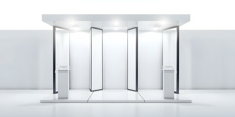 Empty white information booth with blank vertical banners for displaying ads and products at trade shows. Concept Trade Show Booth, Blank Banners, Information Display, Advertising Space