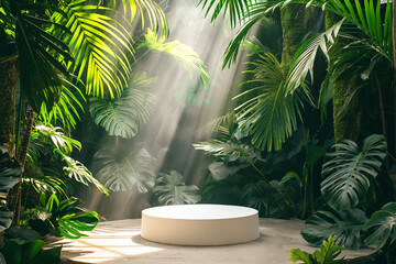 Minimalistic white podium with tropical plant leaves and sun rays. Product presentation and nature concept for design and advertising. Studio shot with copy space ,generative ai