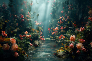 Idyllic garden scene with a cascading waterfall amongst blooming flowers. Mystical and serene nature setting for peaceful and romantic concepts ,generative ai - obrazy, fototapety, plakaty