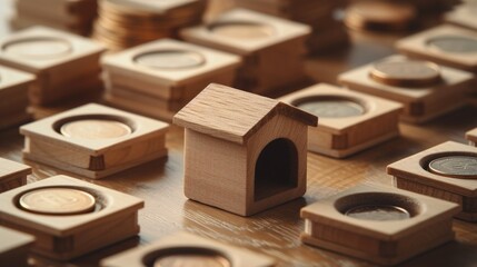 Wooden house model with coins on beige background
