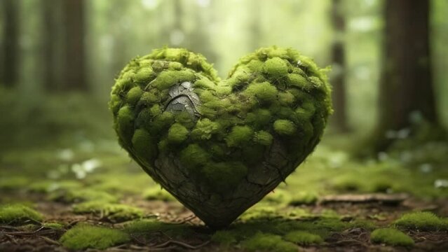 Heart with moss on the ground of a forest. Design for Earth day and concept for eco-friendly created with generative ai	