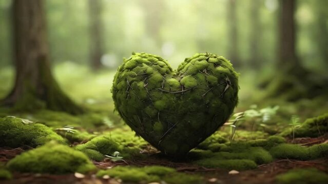 Heart with moss on the ground of a forest. Design for Earth day and concept for eco-friendly created with generative ai	