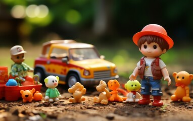 A boy in a red hat drives a toy truck surrounded by a group of teddy bears
