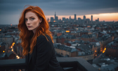 Fototapeta premium Portrait of a beautiful red-haired model, a ginger model with a face of beauty and red hair, noir, contrast, color paint, multiple colors, city at background , detailedPortrait of a beautiful red-hair