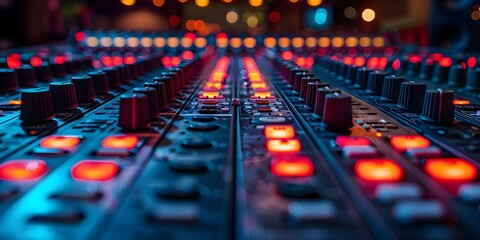 Exploring the Intricacies of a Sound Mixer Control Panel. Concept Audio Equipment, Sound Engineering, Technology, Professional Setup, Mixing Techniques - obrazy, fototapety, plakaty