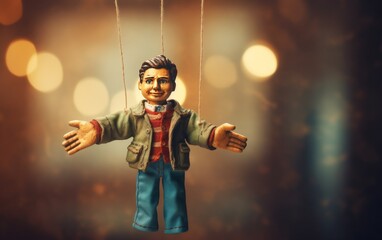 A man figurine hanging from strings, suspended in mid-air with limbs extended - obrazy, fototapety, plakaty