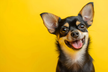 Happy dog close-up on bright yellow background - obrazy, fototapety, plakaty