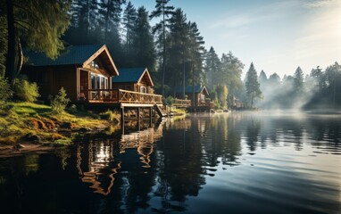 Tranquil body of water with lush trees and quaint houses lining its shores - obrazy, fototapety, plakaty