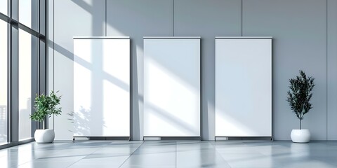 Three vertical rollup banners displayed at a trade show booth mockup. Concept Trade Show Booth, Rollup Banners, Mockup, Advertising Display