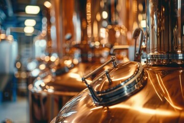 Craft Brewery Process: The brewing process in a craft beer brewery. Copper vessels in beer production facility, ideal for trade and industry features. - obrazy, fototapety, plakaty