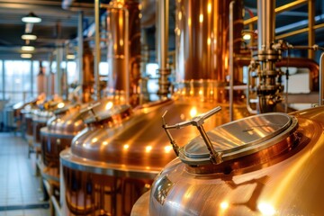 Craft Brewery Process: The brewing process in a craft beer brewery. Shiny copper brewing tanks in modern brewery, great for commercial and editorial use. - obrazy, fototapety, plakaty