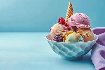 A blue bowl of colorful ice cream balls with raspberries and blueberries in blue background