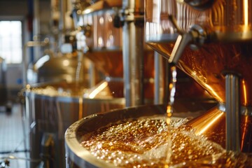 Craft Brewery Process: The brewing process in a craft beer brewery, Close-up of beer production flow, illustrating beverage industry operations. Craft beer filling in action