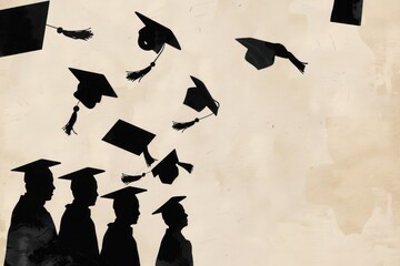 graduation day, back and white illustration, Graduation concept with three graduates, perfect for educational themes and events.