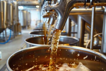 Craft Brewery Process: The brewing process in a craft beer brewery. Beer tap filling kegs in a brewery, highlighting the art of beer crafting. Fresh beer being tapped into barrels