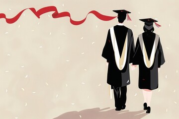 graduation day, back and white illustration, on beige background, Abstract graduation celebration, ideal for academic and career-related articles.