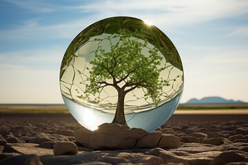 Tree in glass ball on soil crack in desert - 773417599