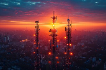 Silhouette, telecommunication towers with TV antennas and satellite dish in sunset - obrazy, fototapety, plakaty