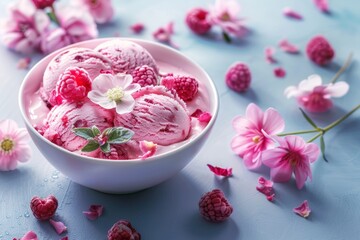 A bowl of ice cream balls with raspberries surrounded flowers in blue background