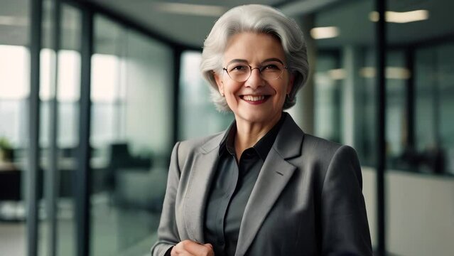 Portrait of aged businesswoman with gray hair in suit and glasses. Successful senior woman smiling at camera in modern office.