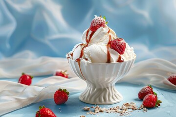 A bowl of cream ice cream balls with raspberries and strawberries in blue background