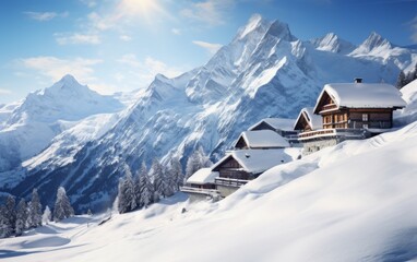 A house nestled beneath a snow-covered mountain, surrounded by serene beauty