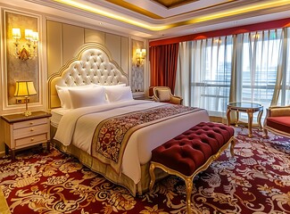 interior of luxury hotel room with large bed, gold and beige colors, carpet on the floor, red colour, window view, glass balcony table, mirror in wall, soft lighting, luxurious furniture,
