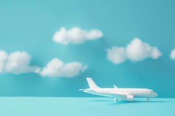 Naklejka na ściany i meble Close-Up Airplane Model with Clouds on Blue Background - Transportation and Vacation Concept, Copy Space Available