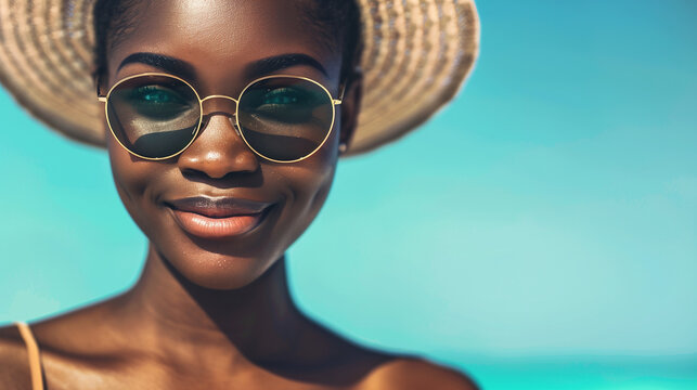 Portrait of sexy woman in a bikini looking at camera. Black woman portrait with copy space for text. Summer concept.